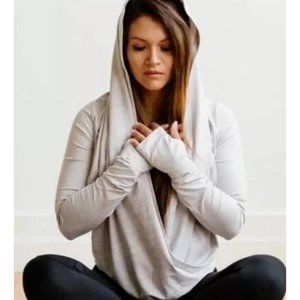 Zyia Active Womens Grey Wrap Twist Front Hooded Pullover Yoga Shawl Top L